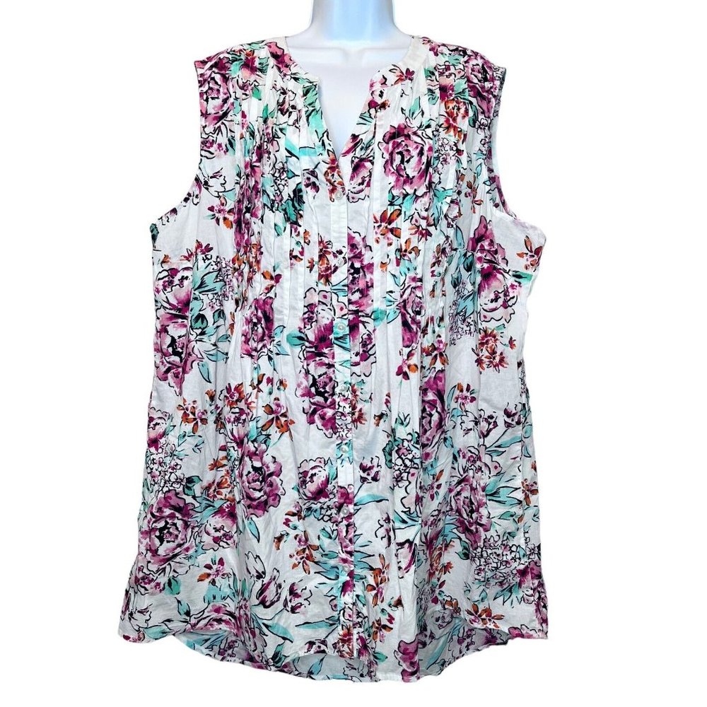 Roaman's Split V Neck 100% Cotton Floral Pleated Button Up Sleeveless Shirt 26W